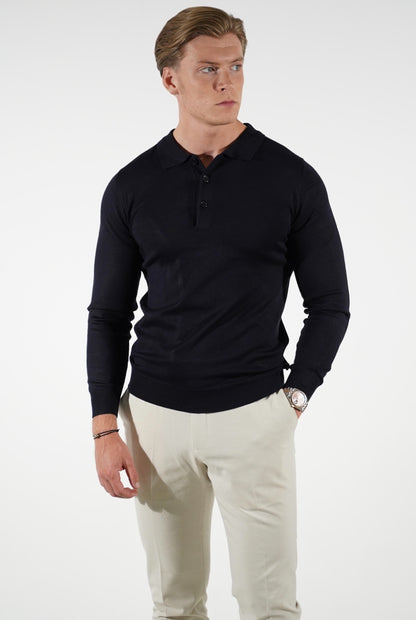 Knitted Buttoned Long Sleeve Polo Shirt | Navy